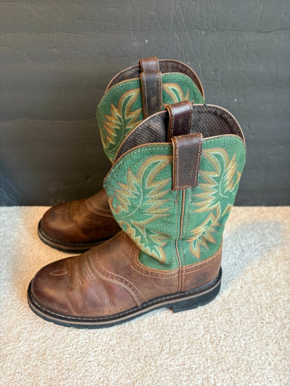 Justin Stampede Blade Green Men's Cowboy Western Boots Size 9EE Brown WK 4670